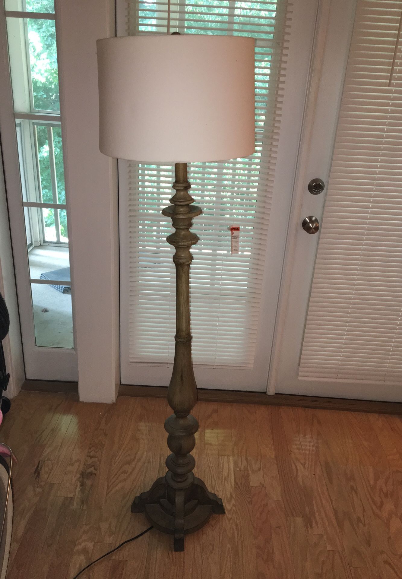 Wood floor lamp with off white shade