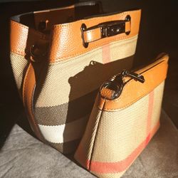 Canvas Leather Bucketbag with Matching Clutch and Buckle Straps NEW