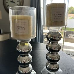 Modern Glass & Chrome Candle Holders (Set of 2)