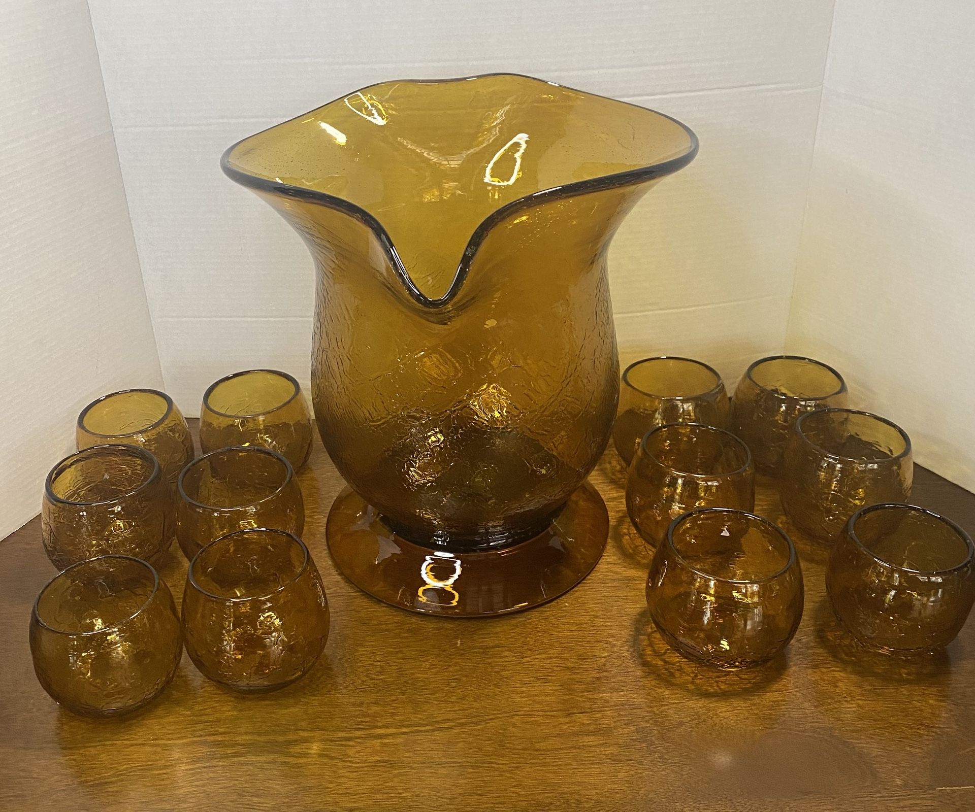 Hand Blown Amber Crackle Glass Vase/Pitcher With 12 Round Bottom Drinking Glasses 