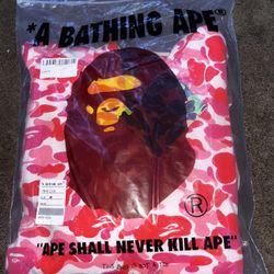 A Bathing Ape Pink Red Camo Fleece Full Zip Hoodie Shark Design Size M