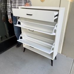 New In Box 32x10x44 Inch Tall Heavy Duty Material Shoe Storage Shelf  White Cabinet With Double Fold Down Drawer Organizer 