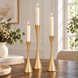 Set of 3 Antique Brass Taper Candle Holders – 9", 11" & 13" – Elegant Metal Candlesticks