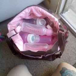 Bottles And Nipples And Diaper Bag Pink Variety 