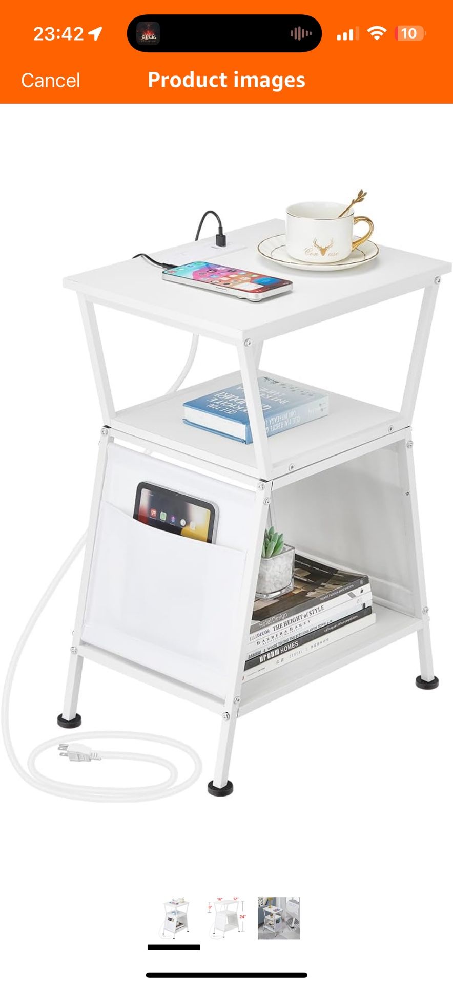 End Table with Charging Station, Three-Tier Trapezoidal Side Table with Side Storage Bag, Corner Table Sofa End Table for Living Room Bedroom