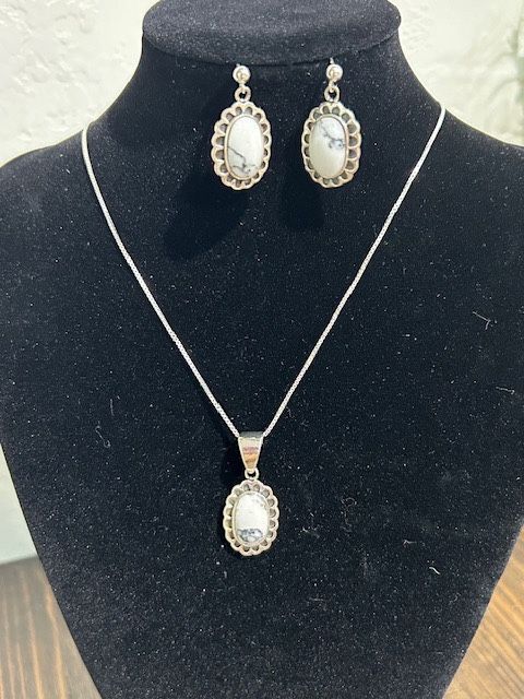 New, Firm, 3 Piece Set of White Buffalo Stone w/ Pendant-18-inch Sterling Silver Chain and Matching Earrings