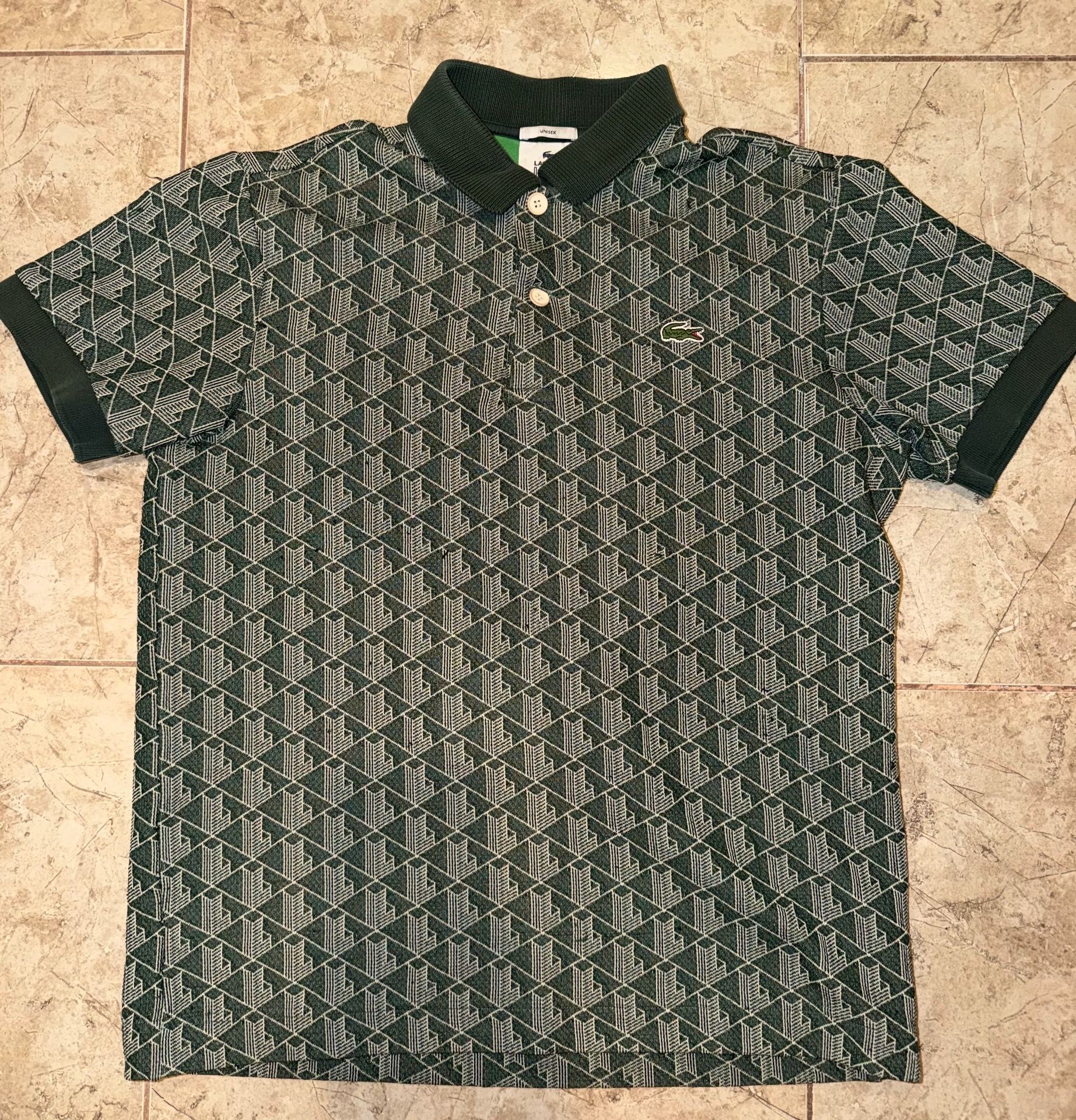 Lacoste L!VE Unisex Monogram Geometric Polo Shirt - Forest Green - Medium