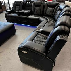 Power Reclining Sectional Couch Black Leather Home Theater Movie Seating Sectional Sofa
