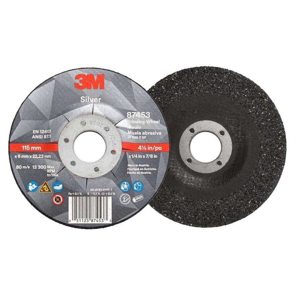 This is a 3M Silver Depressed Center Grinding Wheel (Part Number 87454) measuring 5 inches by 1/4 inch with a 7/8 inch center hole.