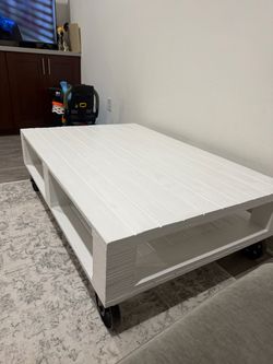 White Wood Pallet Coffee Table on Wheels