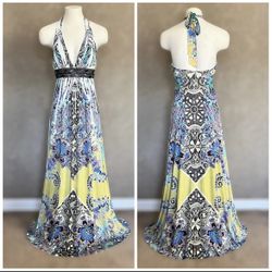 S Twelve Multicolor Crystal Embellished Halter Empress Waist Long Summer Dress 