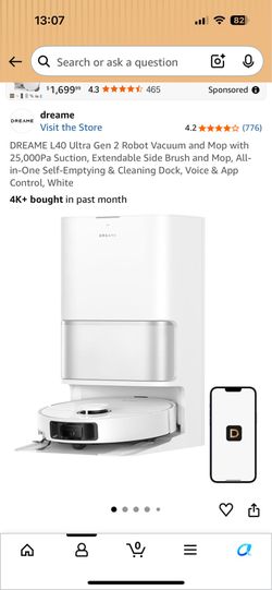 DREAME L40 Ultra Gen 2 Robot Vacuum and Mop with 25,000Pa Suction, Extendable Side Brush and Mop, All-in-One Self-Emptying & Cleaning Dock, Voice & Ap