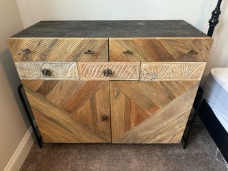 Rustic Reclaimed Wood Accent Cabinet — 5 Drawers, Herringbone Doors, Metal Base
