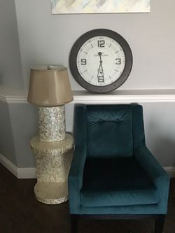 Blue velvet side chair, ivory mosaic side table w/matching lamp, and wall clock