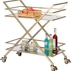 New In Box Bar Cart, Slim Kitchen Serving Cart and Coffee Cart with Storage for Liquor and Glasses, Metal and Glass, Glam, 38 x 17.5 x 