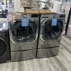 LG - 5.2 Cu. Ft. High-Efficiency Stackable Smart Front Load Washer with Steam and TurboWash & 9.0 Cu Ft Smart Gas Dryer Set With Pedestals 😻🔥 