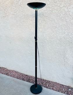 Vintage 1980s Postmodern Halogen Torchiere Floor Lamp - Black & Brass + Extra Bulb