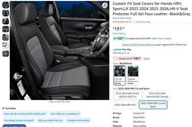 Honda HRV: Sport, LX 2023-2026, HR-V Disgusto *Full Set* Seat Covers PU Leather Black and Gray
