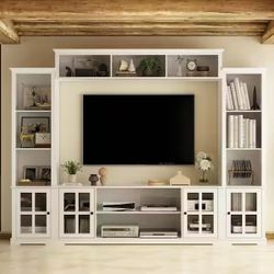 White Wooden TV Stand Fits TV's up to 75 in. with Open Shelves and Tempered Glass Door Cabinet