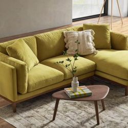 This is the mid century modern style, Olive Gold Velvet Castelry Owens Chaise Sectional Sofa, and it’s Brand New never used. 