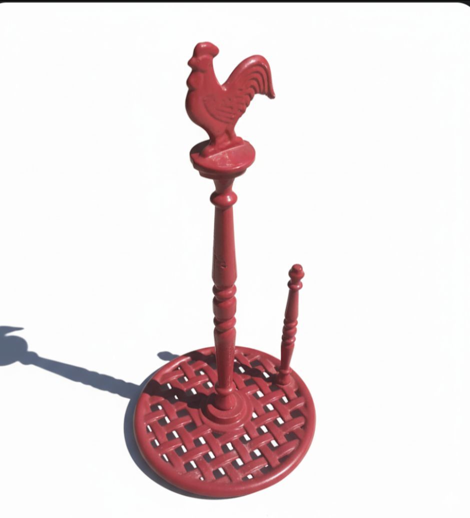 Cast Iron Red Rooster Paper Towel Holder Stand Country Kitchen Farmhouse Decor Nice!
