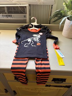 Carter's Black & Orange Dino Skeleton Pajama Set with Striped Pants