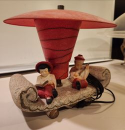 Vintage 1950s MCM Asian Chalkware TV Lamp - Red Fiberglass Shade