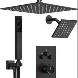 Thermostatic Shower System in Wall, GRANDJOY Dual Rainfall Shower Heads for Ceilling & Wall Mounted