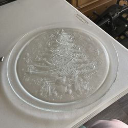 Vintage Christmas Plate Platter. Etched Glass Holiday Christmas Tree And Teddy 