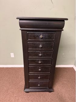 Tall Dark Wood Jewelry Armoire / Jewelry Chest with Mirror