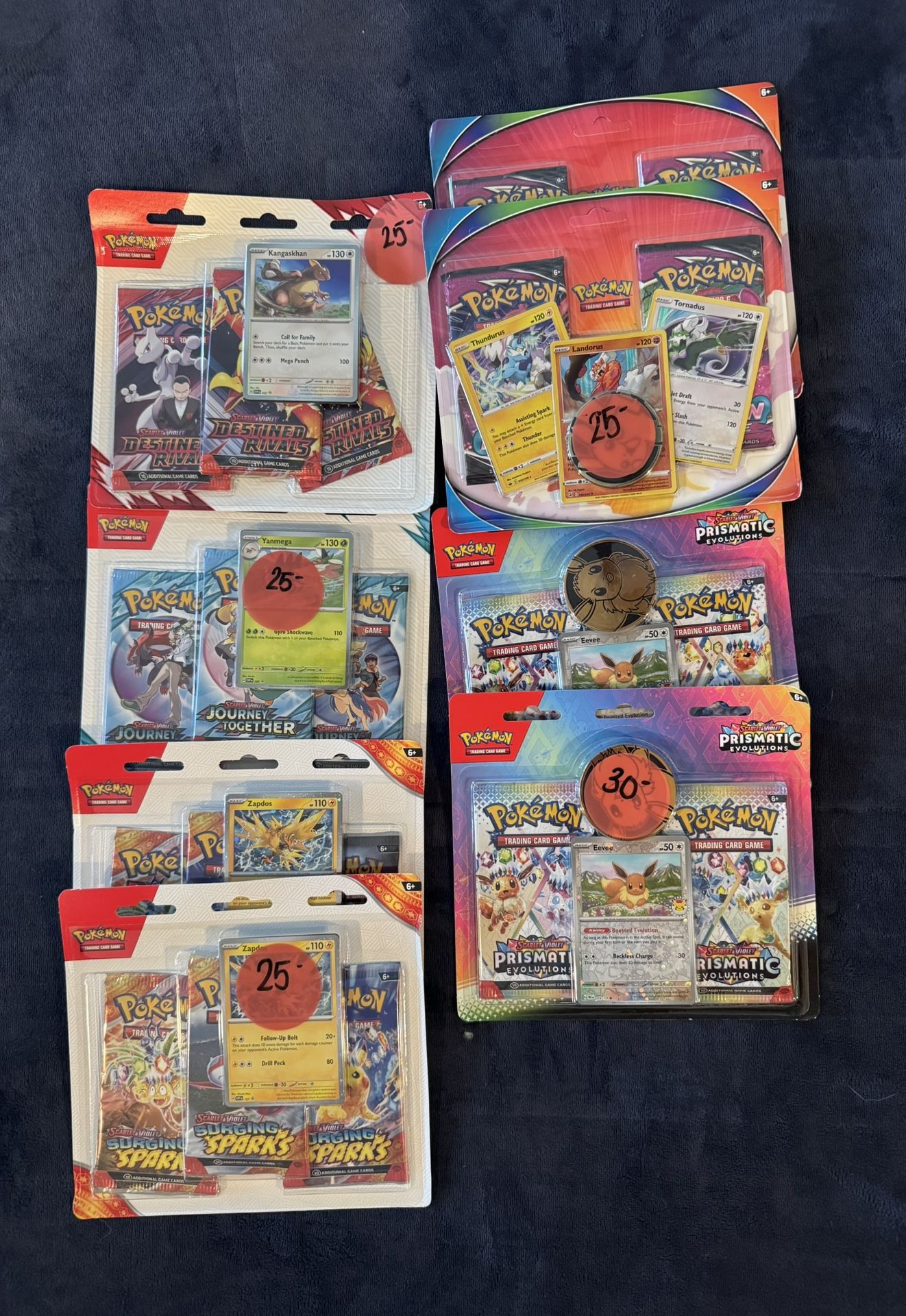Various Pokemon Card 3-pack Blisters (Destined Rivals, Surging, Prismatic, Prices in Description)