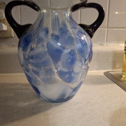  BEAUTIFUL  BLUE AND WHITE  SWIRLED HAND  BLOWN ART GLASS  WITH  COBALT BLUE  HANDLES 