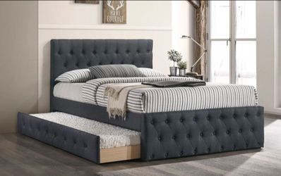Dark Gray Tufted Upholstered Bed Frame with Trundle + Matress Included
