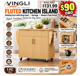 VINGLI 31” Fluted Kitchen Island Cart w/ Drop Leaf, Storage & Wheels – Oak
