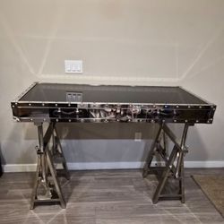 Modern Industrial Chrome & Glass Sawhorse Desk / Console Table - Adjustable