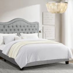 King size Modern Upholstered Bed Frame with Curved Tufted Headboard Platform Bed with Solid Wood Frame