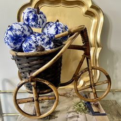 Vintage Large 10” H x 14” W Bamboo and Rattan Tricycle Planter/Bottle Holder/Centerpiece Vessel