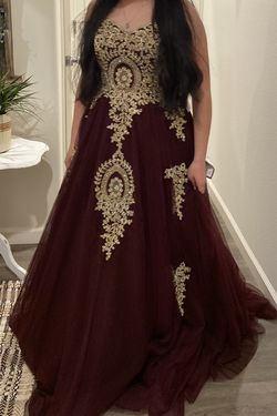 Burgundy and Gold Formal Prom Dress