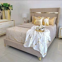 Bedroom Set 4 pcs new beige and white gold bed Dresser Mirror Nightstand