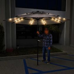 NEW HOMSHADE 9 Feet Diameter 3 Tier Vented Solar 32 LED Light Market Patio Umbrella Tilt Crank Fade Resistant Fabric Gray Or Red