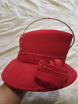 Red Felt Church Hat With Flower And Rhinestone Detail