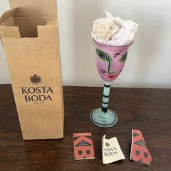Kosta Boda Open Minds Pink Face Goblet, Hydman-Vallien Signed