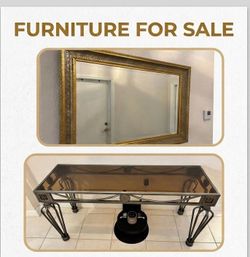 Gold Frame Mirror and Glass Table