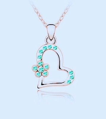 BRAND NEW IN PACKAGE LADIES GIRL'S TURQUOISE BLUE DAINTY CRYSTAL FLOWER OPEN HEART PENDANT SILVER CHAIN NECKLACE - 16" W/ 2" EXTENDER 