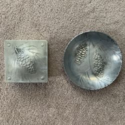 Set Of 2 Previously Loved Wendell August Forge Pine Cone Embossed Pewter Box & Dish!