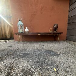 Custom Upcycled Low-Profile Bench – Mid-Century Modern / Farmhouse Style, Brass “Satellite” Legs (62”)  ⸻  Description  Custom-made low-profile bench 