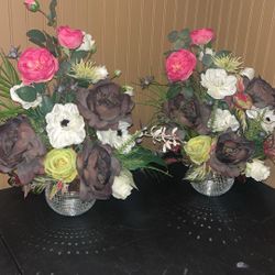 2 Large silk floral arrangements and disco ball vases