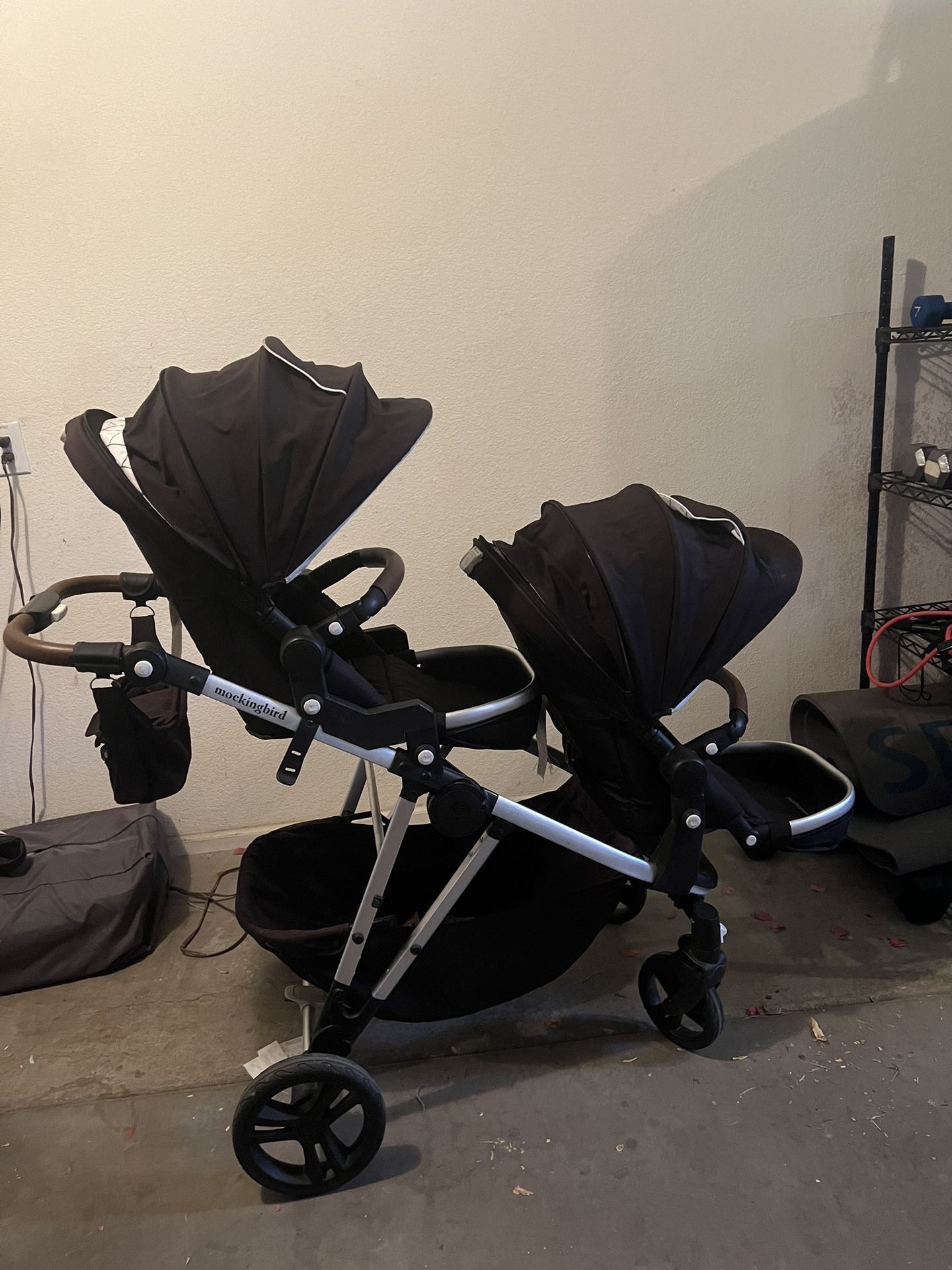 Mockingbird Double Stroller with 2 Britax Car Seats and Two Car Seat Adapters for Stroller