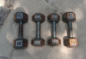 54 pounds,  dumbbells
Some rust....
Located (5900 Lewis st Dallas TX 75206)
No holds and cross posted