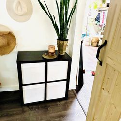 Espresso Dark Wood Veneer Entry Way Mud Room Shelf White Cream Fabric Drawers Cubbies